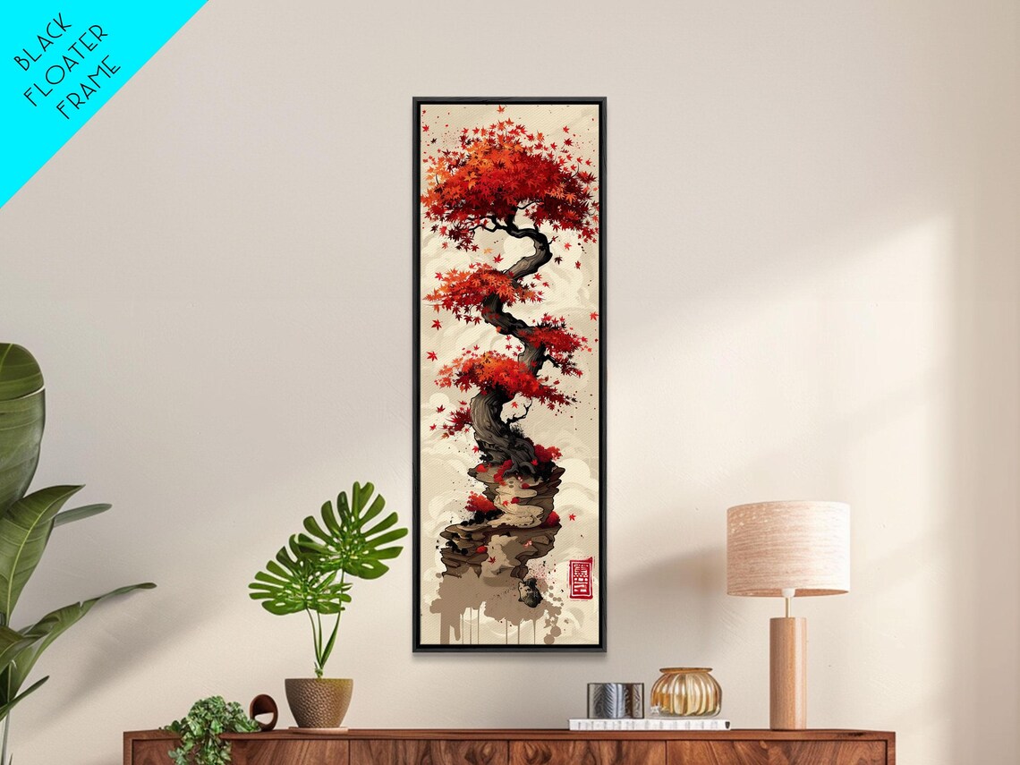 Vibrant Red Maple Tree With Twisting Branches On A Beige Background Ukiyo E Art Japanese Framed Print Skinny Tall Art