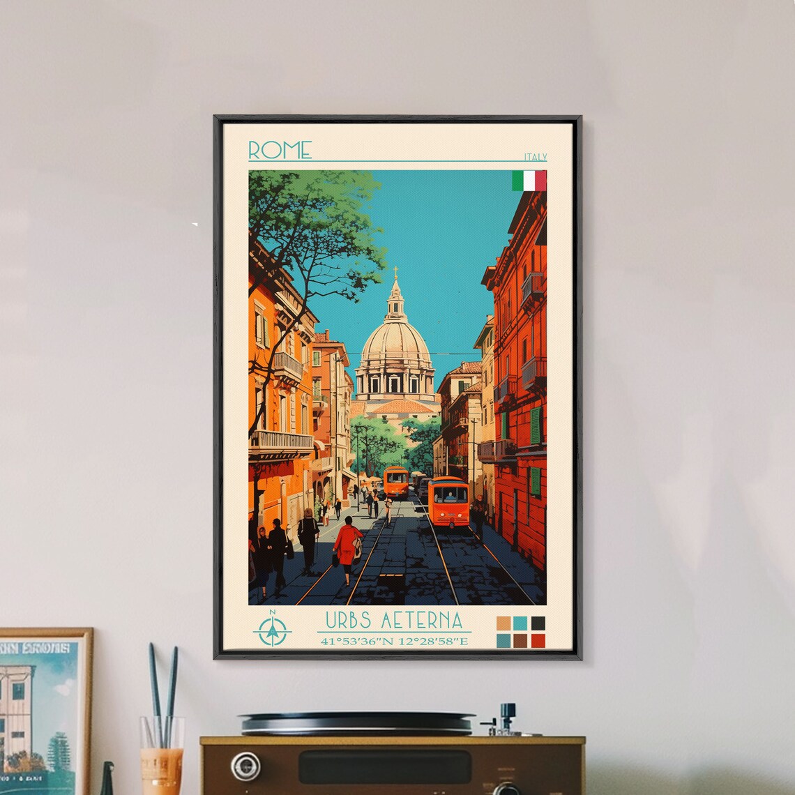 Rome Italy Street Tram Domed Church Old Town View Travel Poster - Image 3