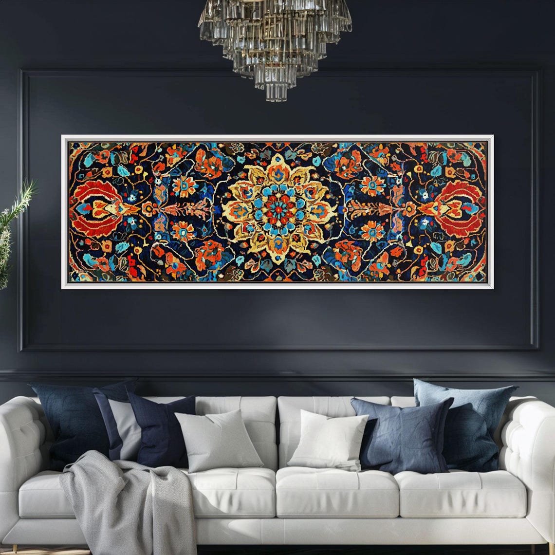 Navy Blue Floral Mandala Tapestry Pattern Panoramic Art Print - Image 5