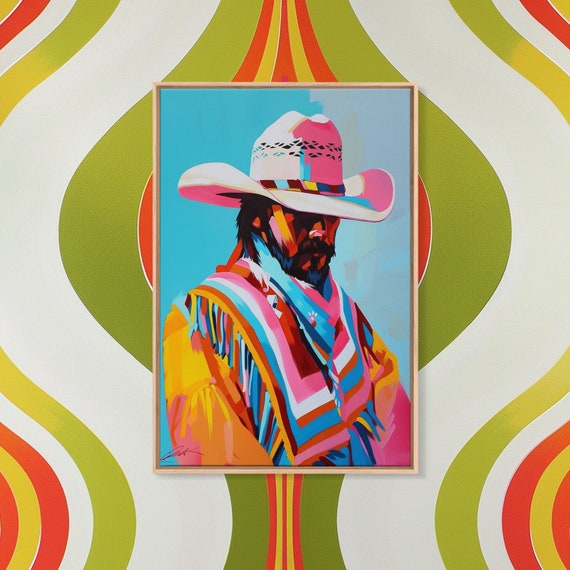 Vibrant Cowboy Portrait Framed Print Colorful Living Room Decor Bold Wall Art Unique Home Decor