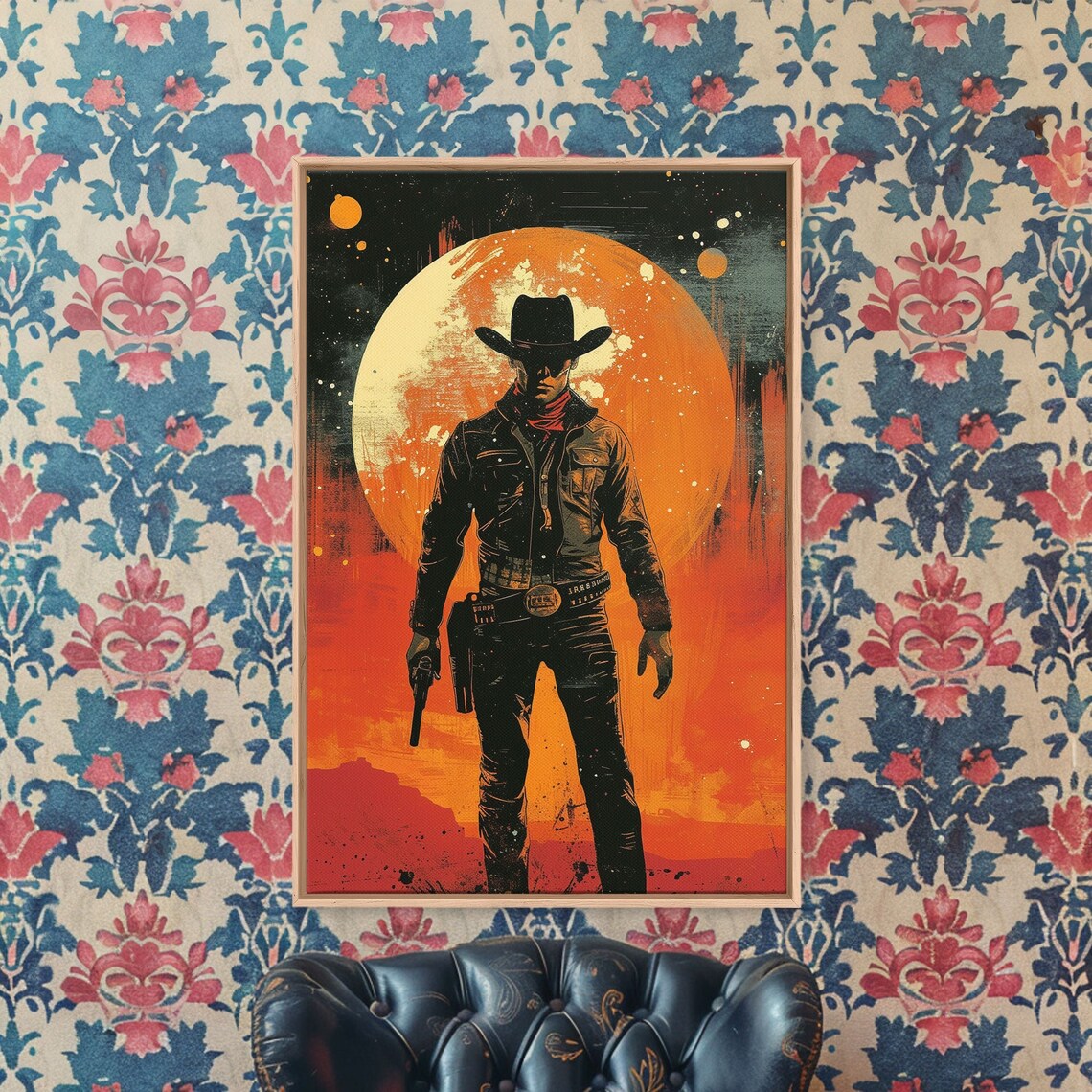Gunslinger Cowboy Giant Moon Western Silhouette Vintage Art Poster - Image 2