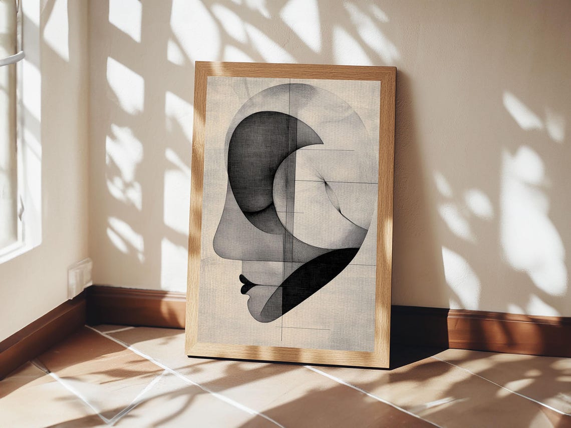 Geometric Abstract Face Profile Monochrome Modern Minimalist Art Print