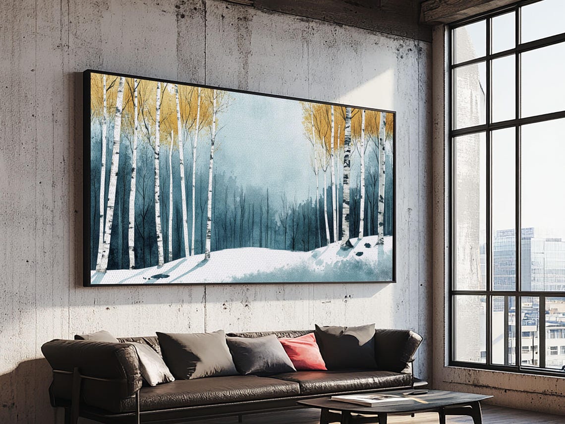 Birch Trees In Snow Winter Forest Blue Gray Watercolor Painting Print - Image 6