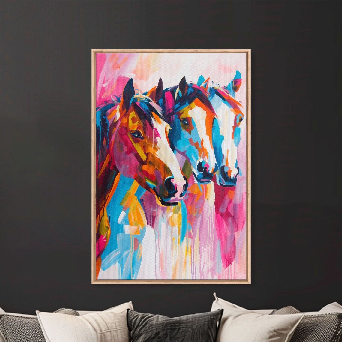 Three Horses in Vibrant Colors, Bold Art Print