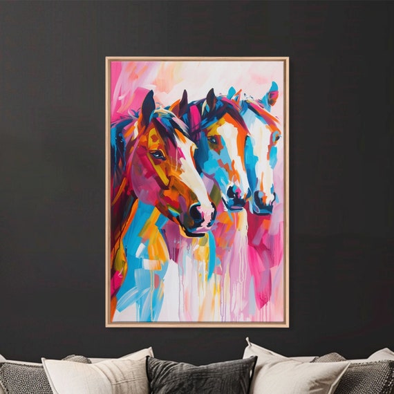 Three Horses in Vibrant Colors, Bold Art Print