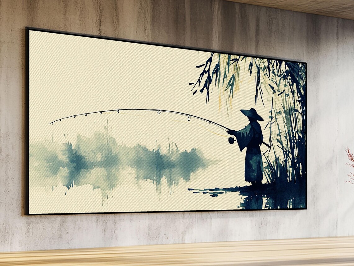 Japanese Fisherman Casting Line Misty Lake Ink Wash Watercolor Print - Image 2
