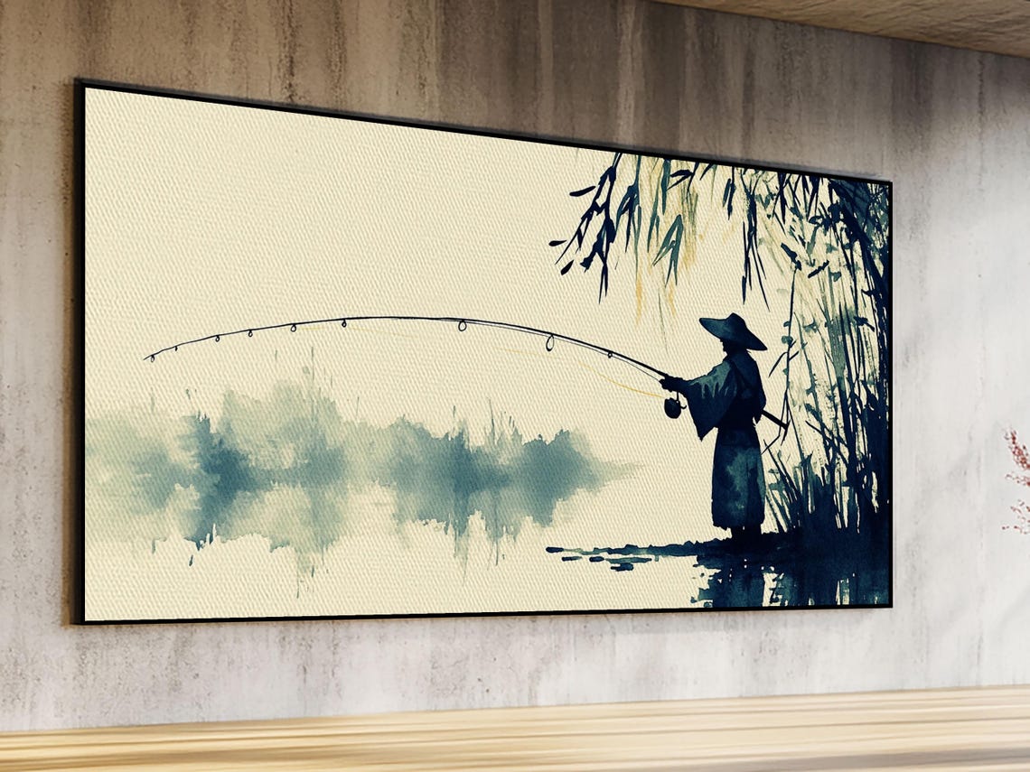 Watercolor Painting Print Of A Fisherman Elegant Japanese Style Artwork Framed Print Ready To Hang Coastal Wall Art Fishing Gift - Image 2