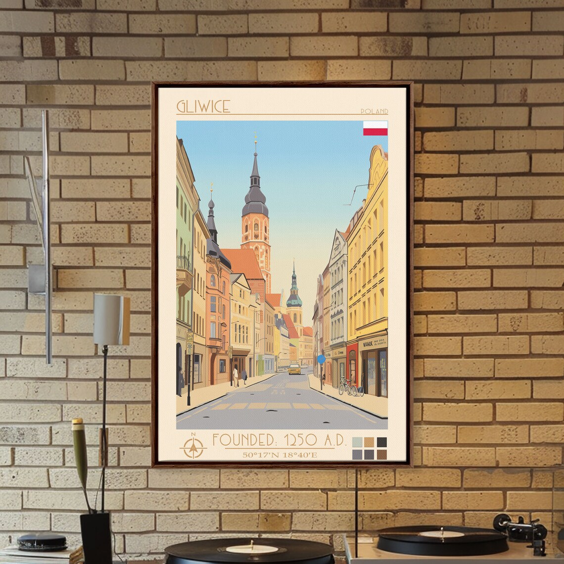 Gliwice Poland Old Town Street Church Towers Pastel Facades Poster - Image 5