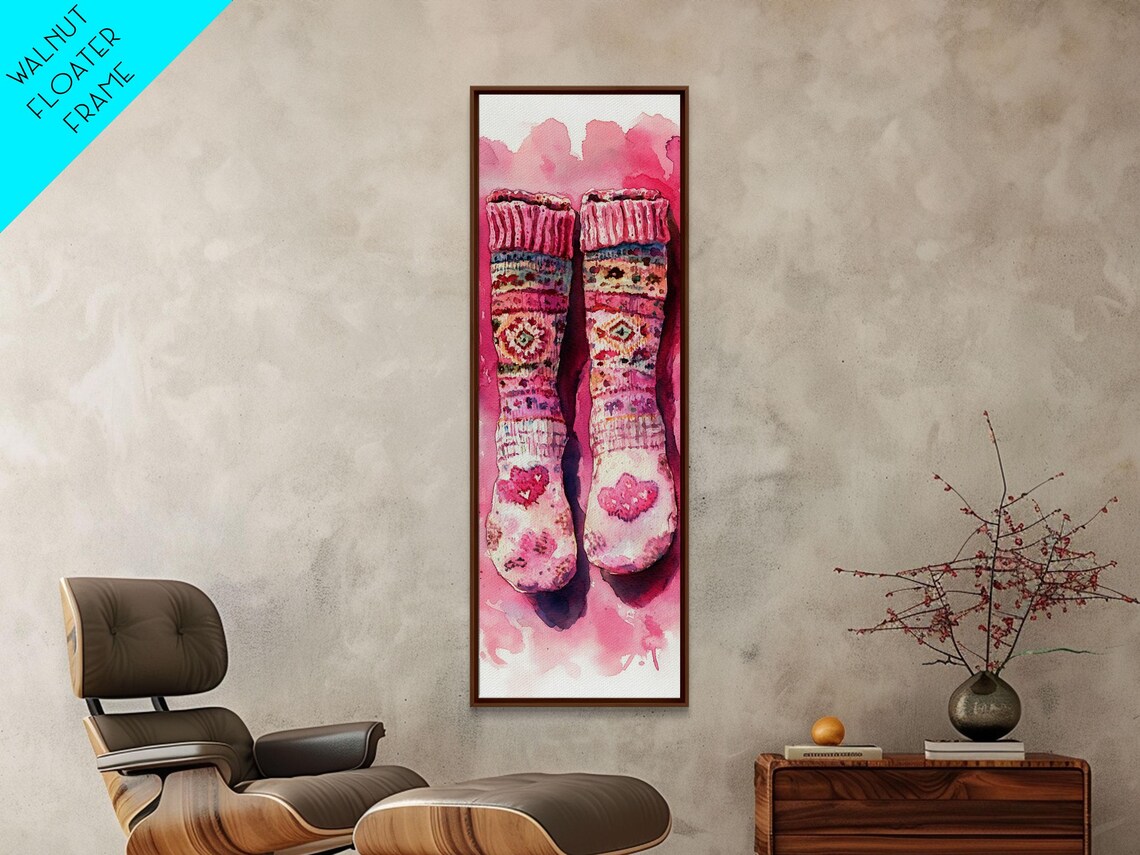 Cozy Pink Knitted Socks With Hearts Watercolor Whimsical Wall Art - Image 2