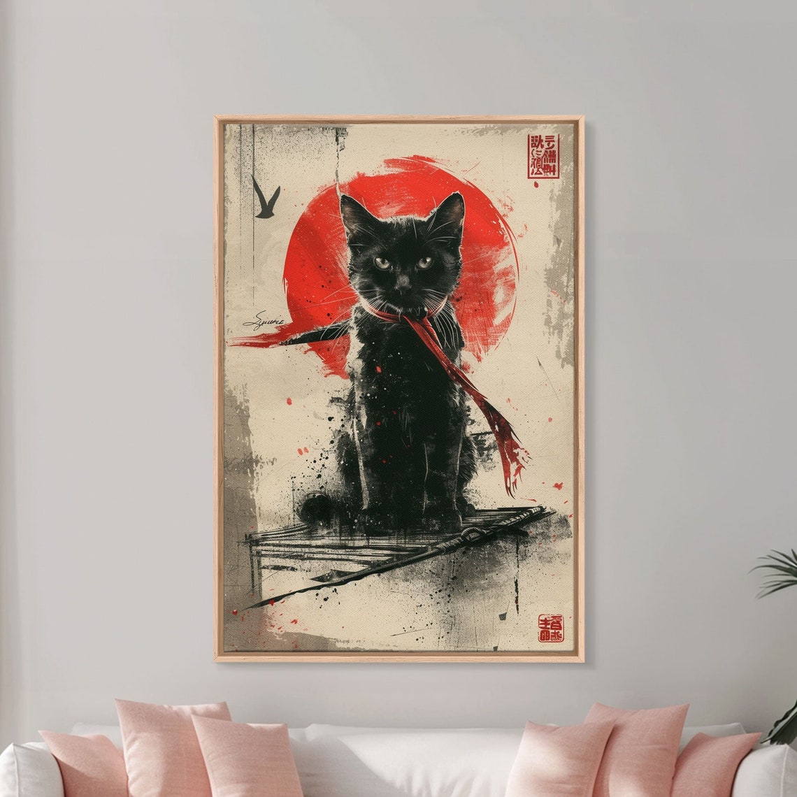Japanese Samurai Cat Poster Black Cat with Katana and Red Sun Art - Image 5