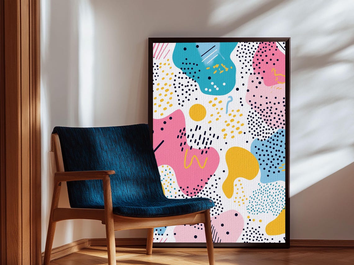 90s Memphis Style Abstract Blobs Dots Pink Blue Yellow Wall Art