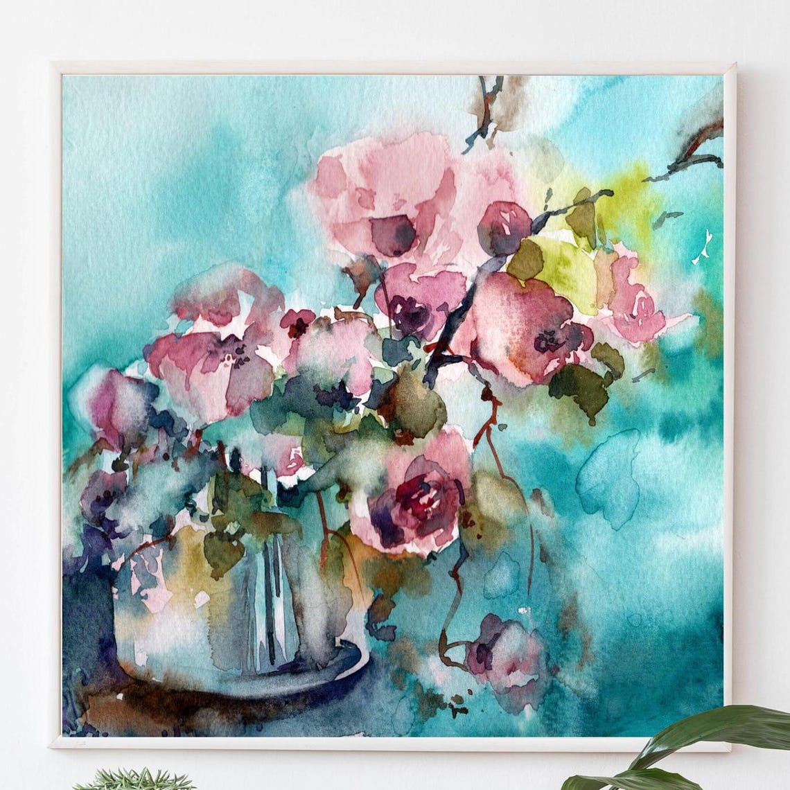 Pink Blossom Watercolor Bouquet in Vase on Turquoise Background Poster