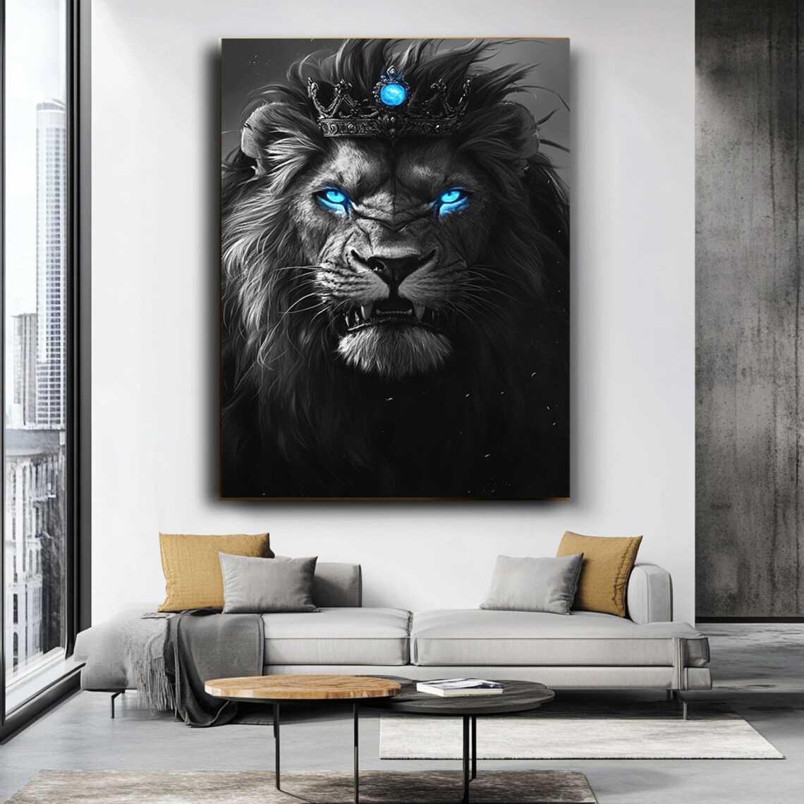 Lion With Blue Eyes and Crown Animal Art Print - Image 3