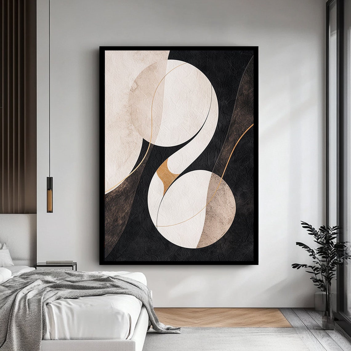 Cream Circles On Textured Black Canvas With Gold Line Abstract Poster - Image 3