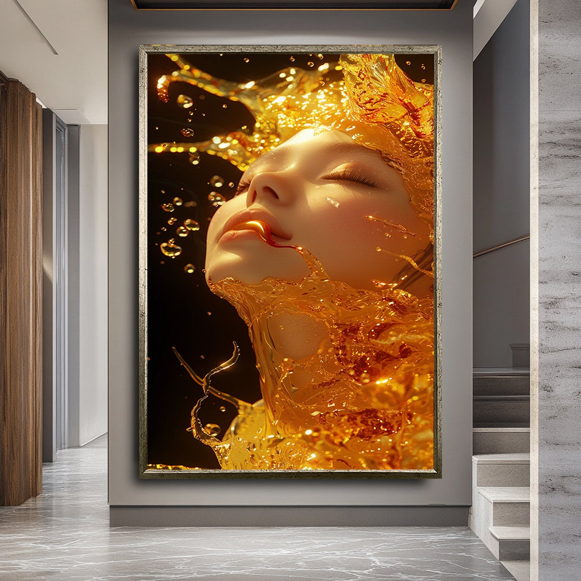 Woman Face Golden Liquid Splash Dark Background Dramatic Poster - Image 2