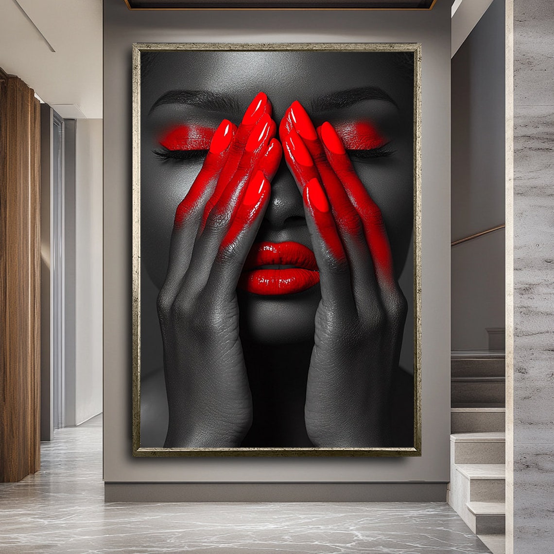 Bold Woman With Red Makeup Striking Female Portrait Art Dramatic Red Beauty Wall Decor - Image 2