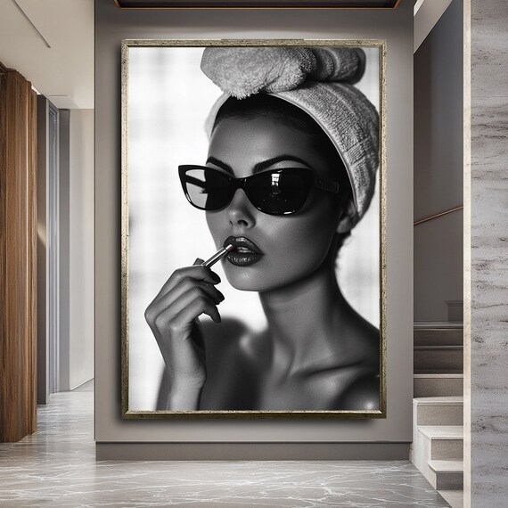 Stylish Woman In Sunglasses Applying Lipstick Towel Head Black White Poster