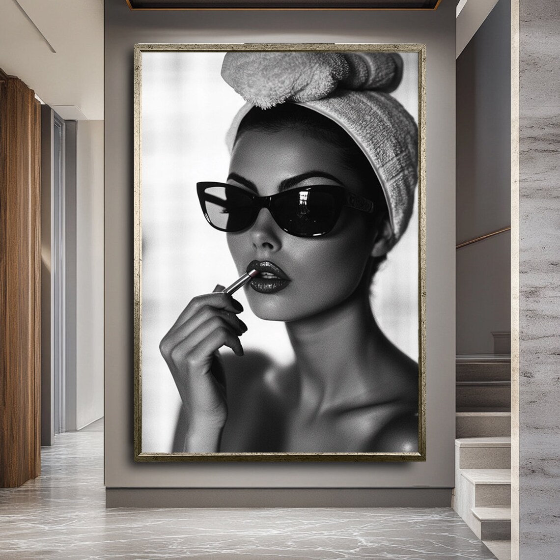 Stylish Woman In Sunglasses Applying Lipstick Towel Head Black White Poster