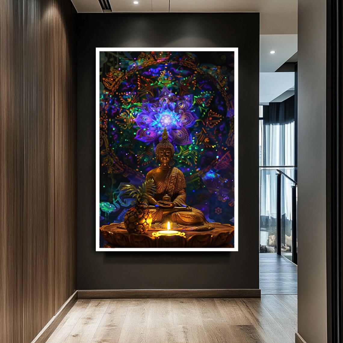 Golden Buddha Meditating Before Glowing Purple Mandala Zen Art Poster - Image 2