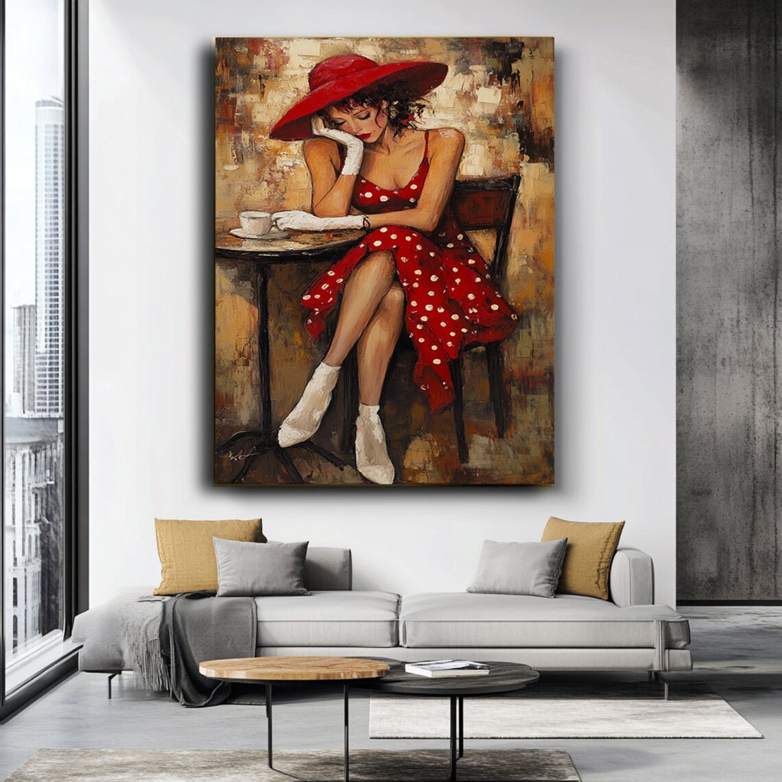 Elegant Woman in Polka Dot Dress, Glamour Art Print - Image 2