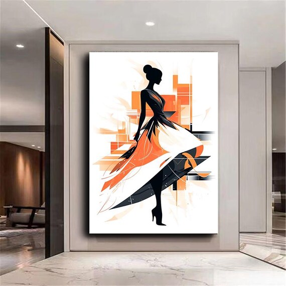 Modern Abstract Woman In Orange And Black Dress Elegant Fashion Wall Art Stylish Home Decor Modern Wall Decor Ready To Hang