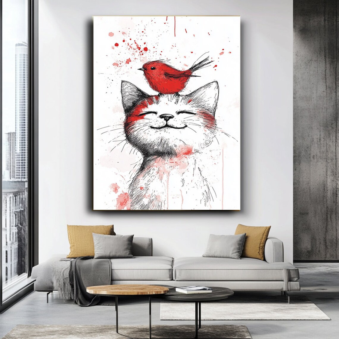 Smiling Cat Red Bird On Head Watercolor Sketch Cute Animal Art Wall Poster - Image 3
