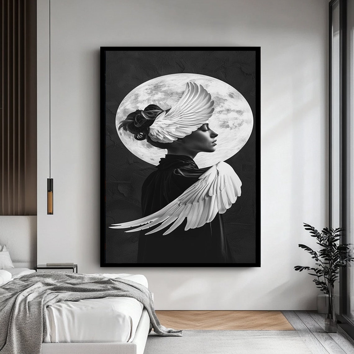 Angel Woman White Wings Full Moon Mystical Black And White Art Poster - Image 4