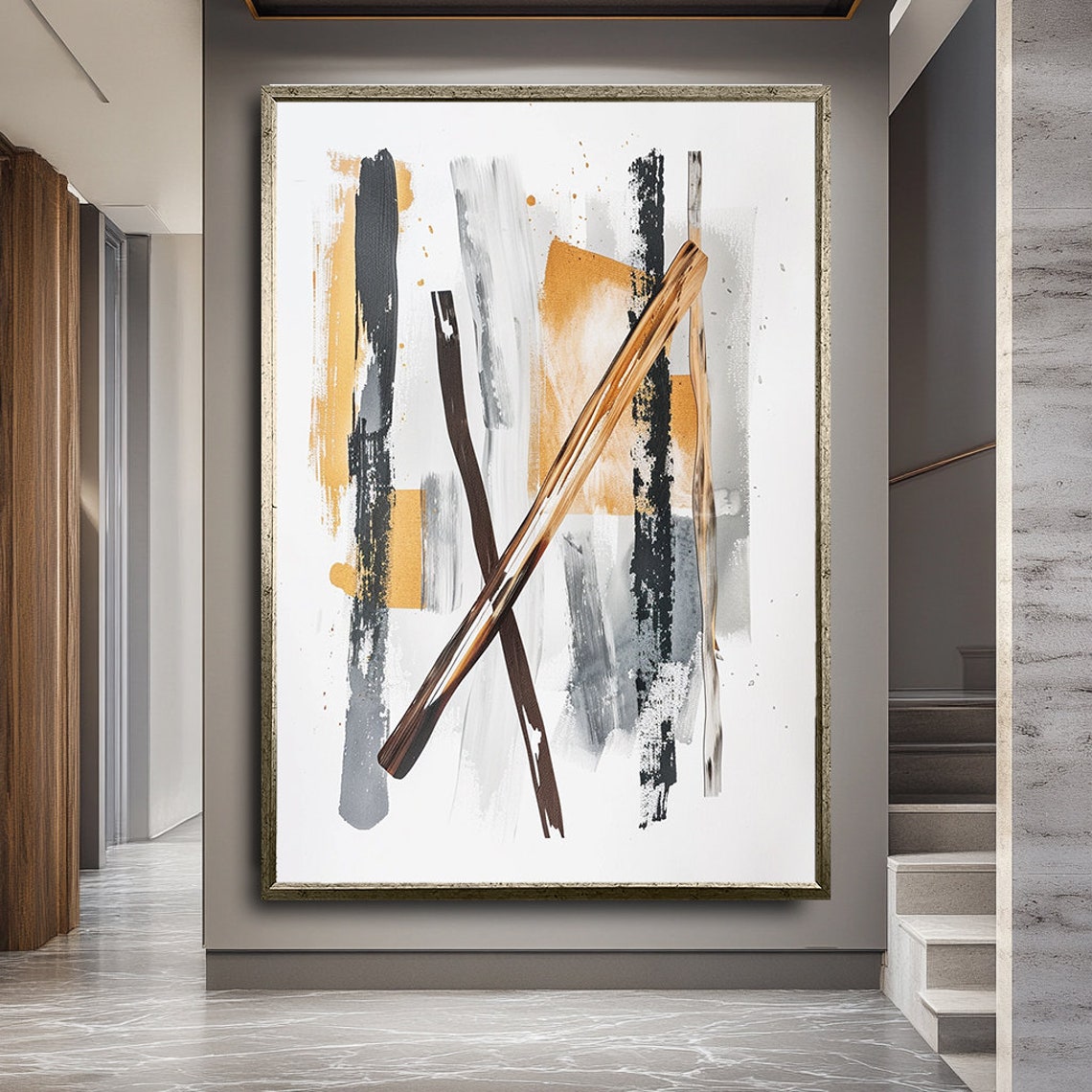 Diagonal Brown Black Ochre Brushstroke Dynamic Abstract Art Poster