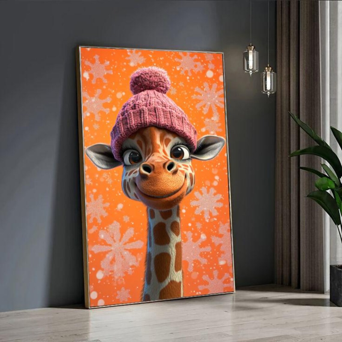 Cute Giraffe in Pink Knit Hat Orange Snowflake Background Nursery Wall Art - Image 4