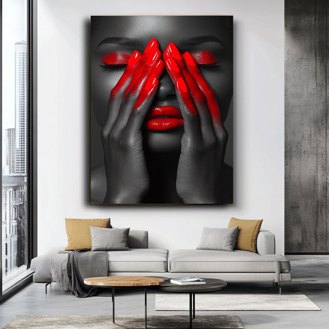 Woman Portrait Red Lips Red Painted Hands Black White Dramatic Art Poster - Image 3