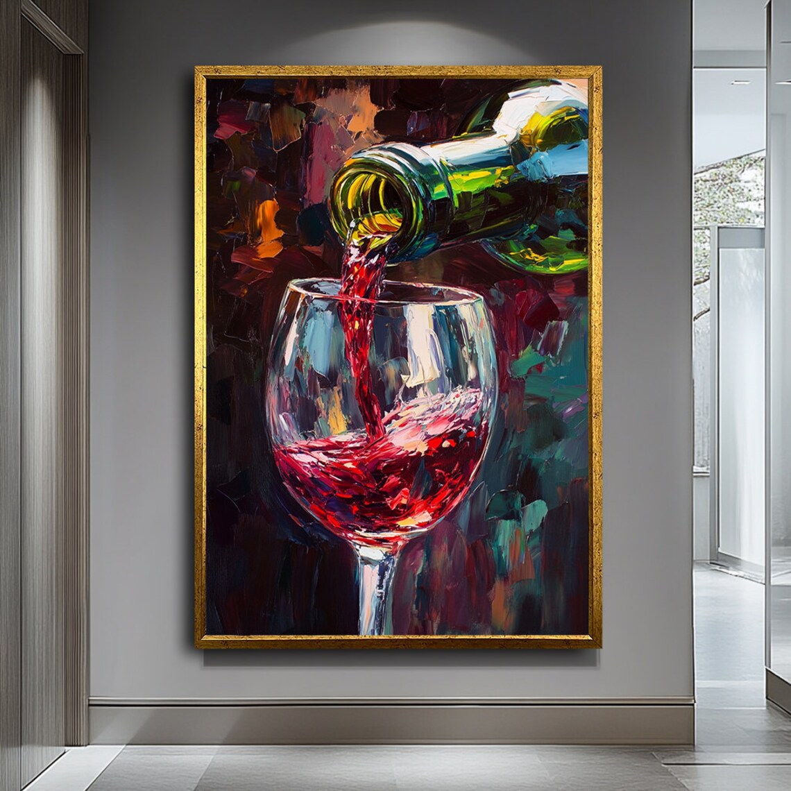 Red Wine Pouring Green Bottle Glass Impasto Oil Painting Kitchen Wall Poster