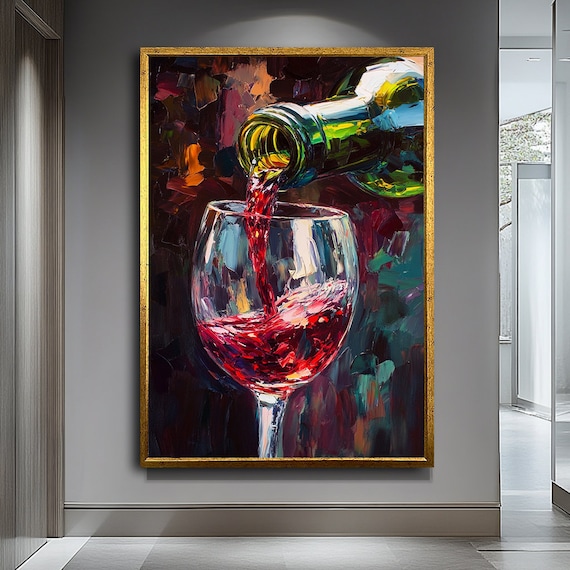 Red Wine Pouring Green Bottle Glass Impasto Oil Painting Kitchen Wall Poster