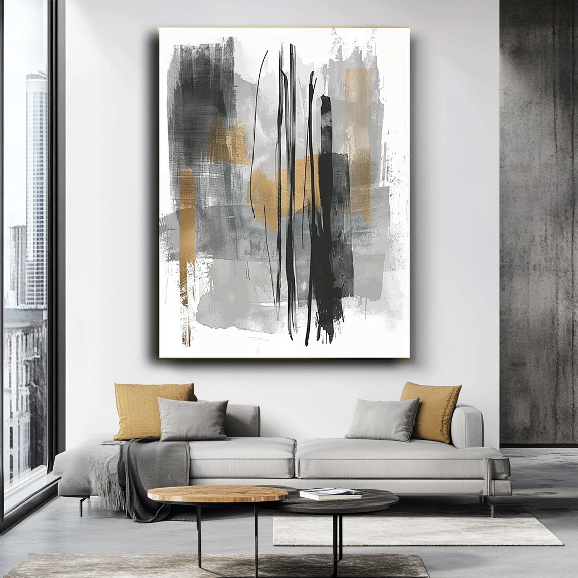 Black Grey Gold Vertical Brushstroke Abstract Minimalist Art Poster - Image 3
