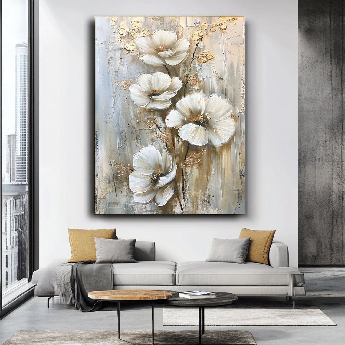 White Anemone Flowers In Impasto Style Painterly Floral Wall Art - Image 3