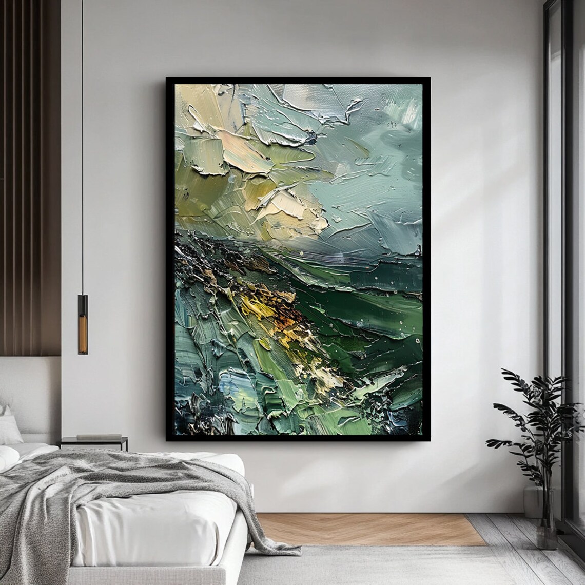 Green Blue Impasto Wave Thick Textured Oil Painting Art Poster - Image 4