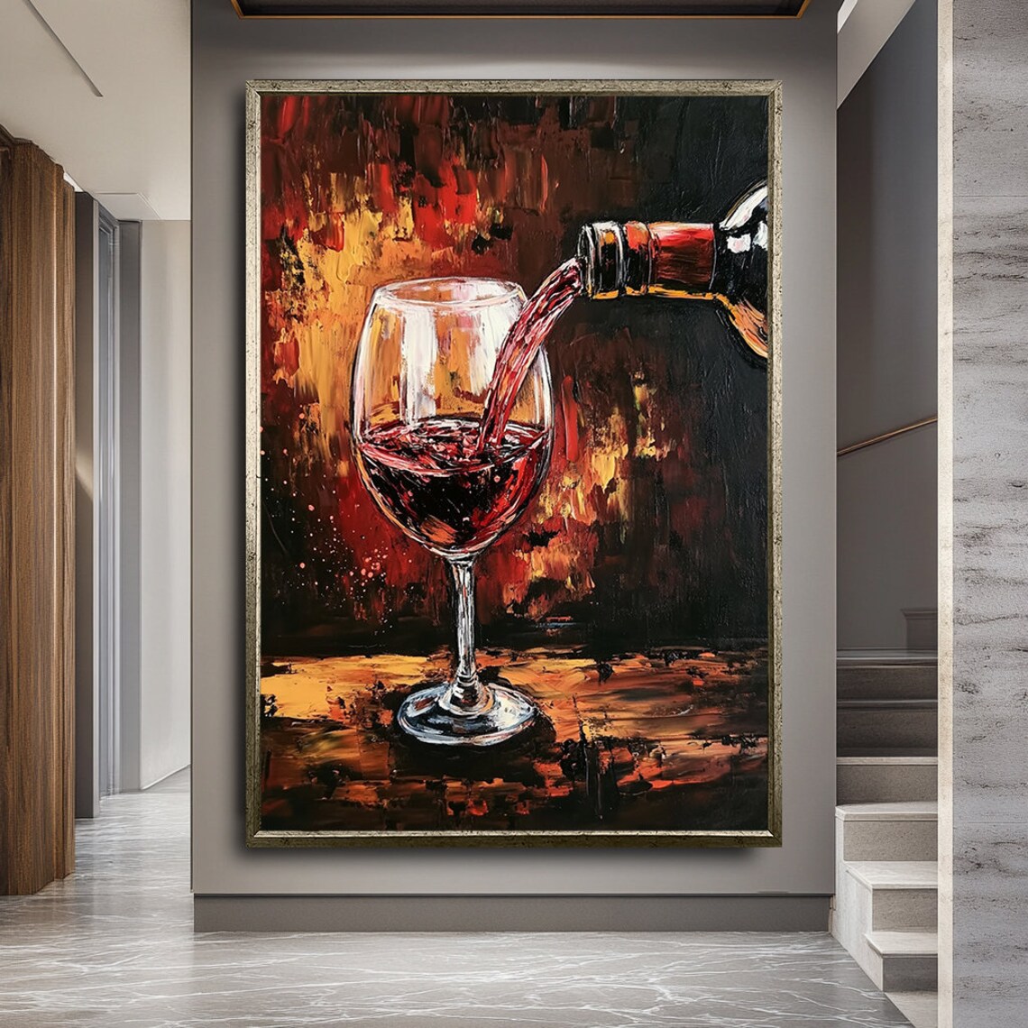 Red Wine Pouring From Bottle Into Glass Abstract Oil Painting Wall Art Poster - Image 2