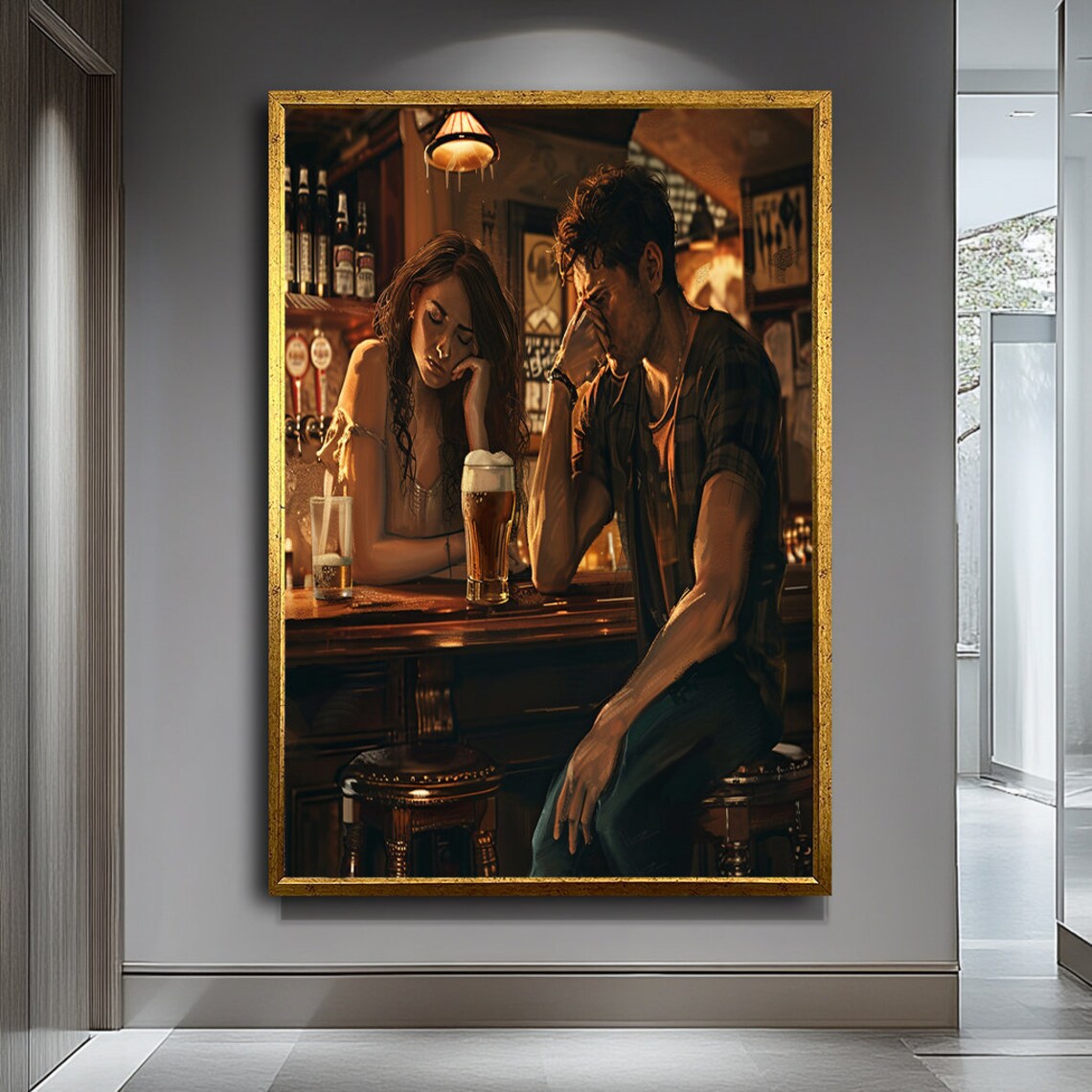 Couple At Bar With Beers Moody Cinematic Evening Scene Poster