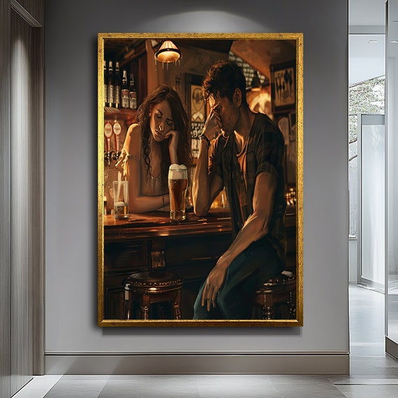 Couple Drinking Beer Art Cozy Tavern Scene Painting Romantic Beer Lovers Wall Art Rustic Home Decor For Couples