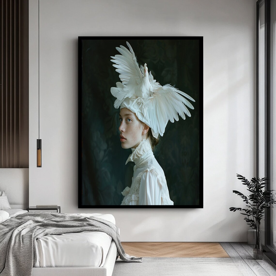 Woman With White Feather Swan Headdress Moody Victorian Portrait Art Poster - Image 4