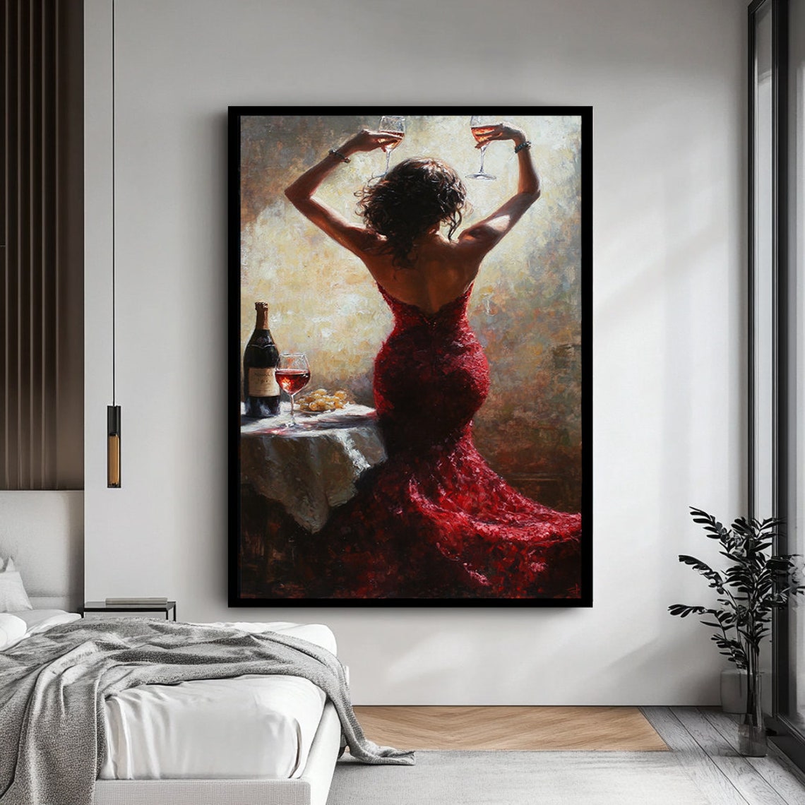 Sexy Woman In Red Dress Art Elegant Woman Holding Wine Glass Sensual Wall Decor Modern Portrait For Living Room - Image 2