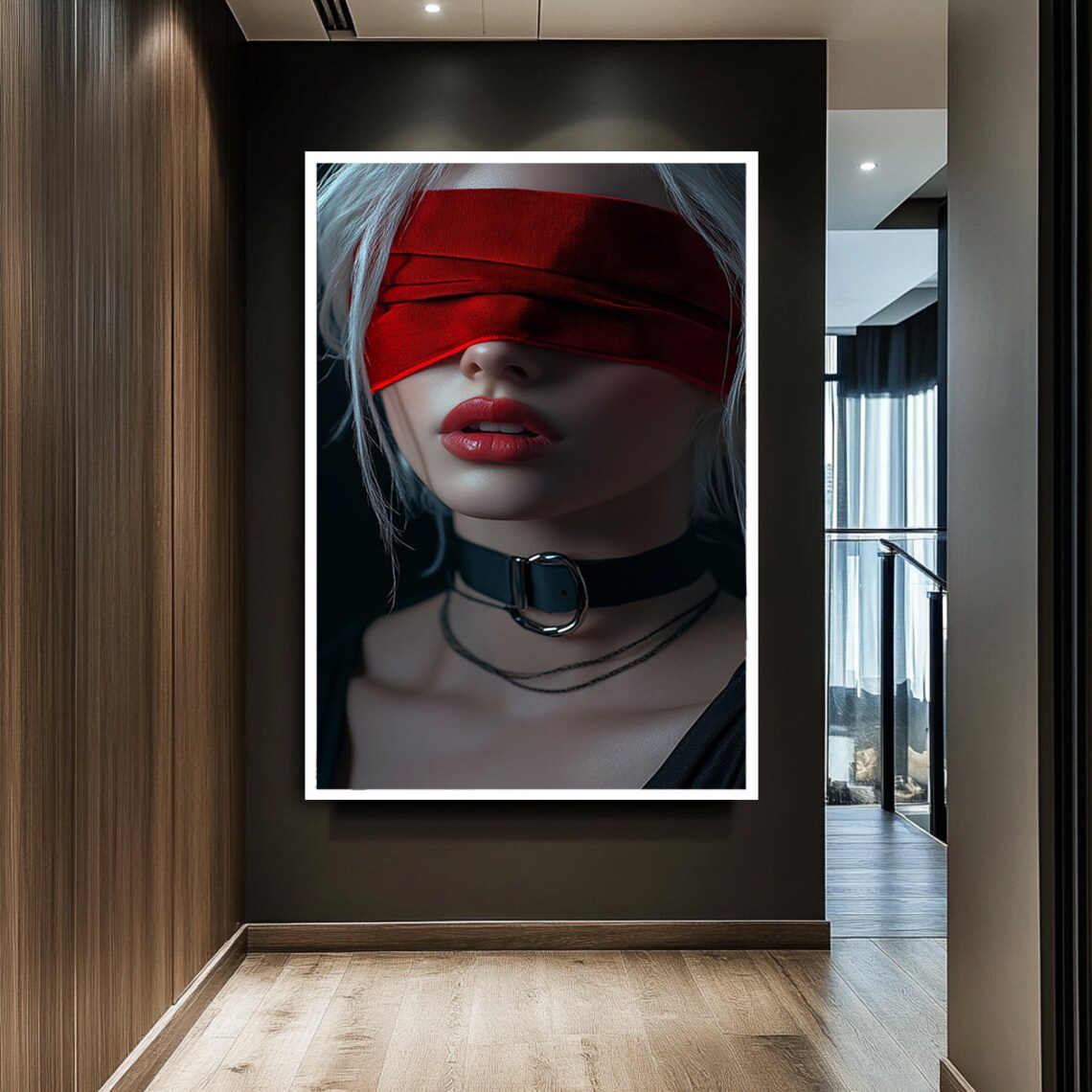Silver Haired Woman In Red Blindfold And Choker Edgy Portrait Wall Art - Image 2