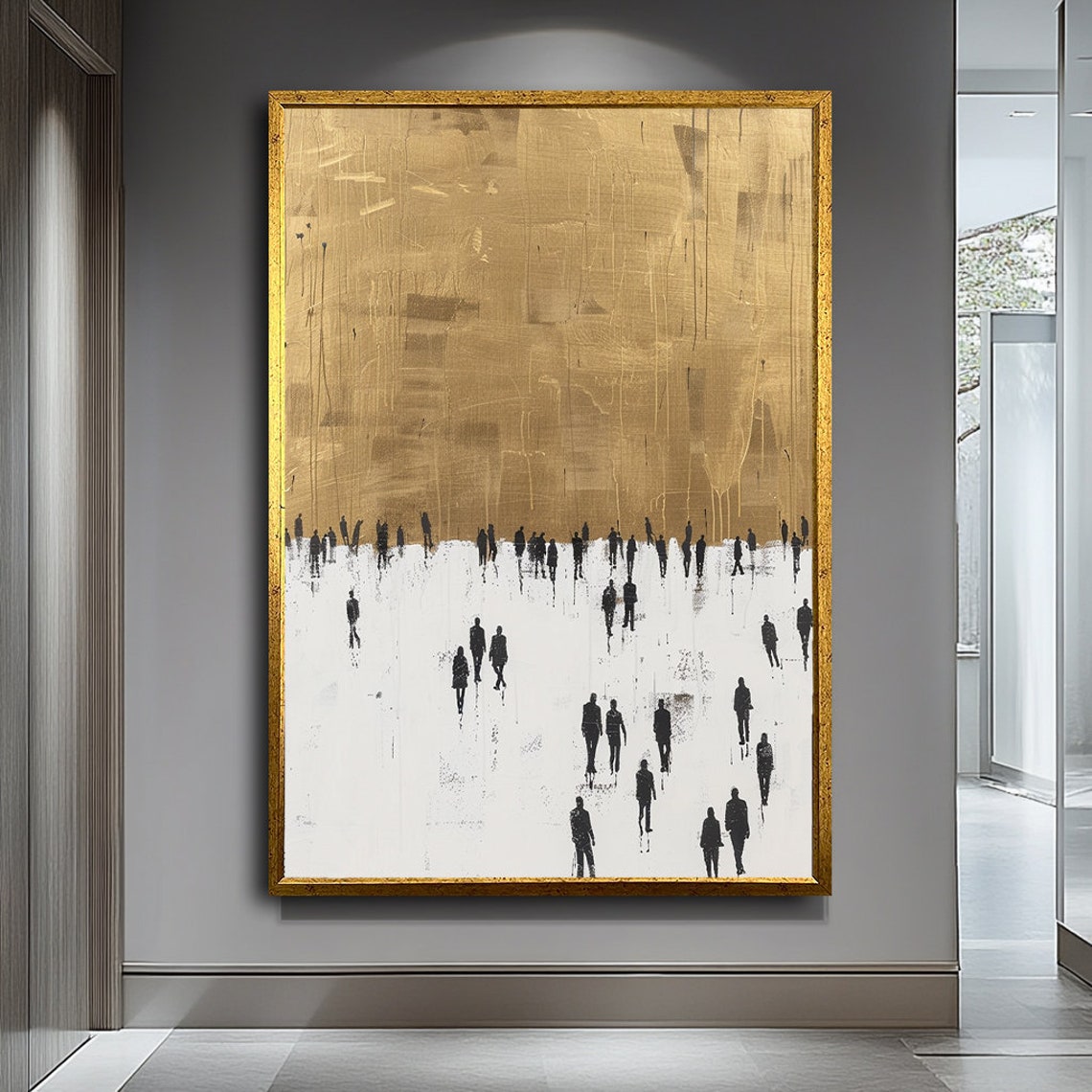 Gold Abstract With Black Crowd Silhouettes Minimalist Poster
