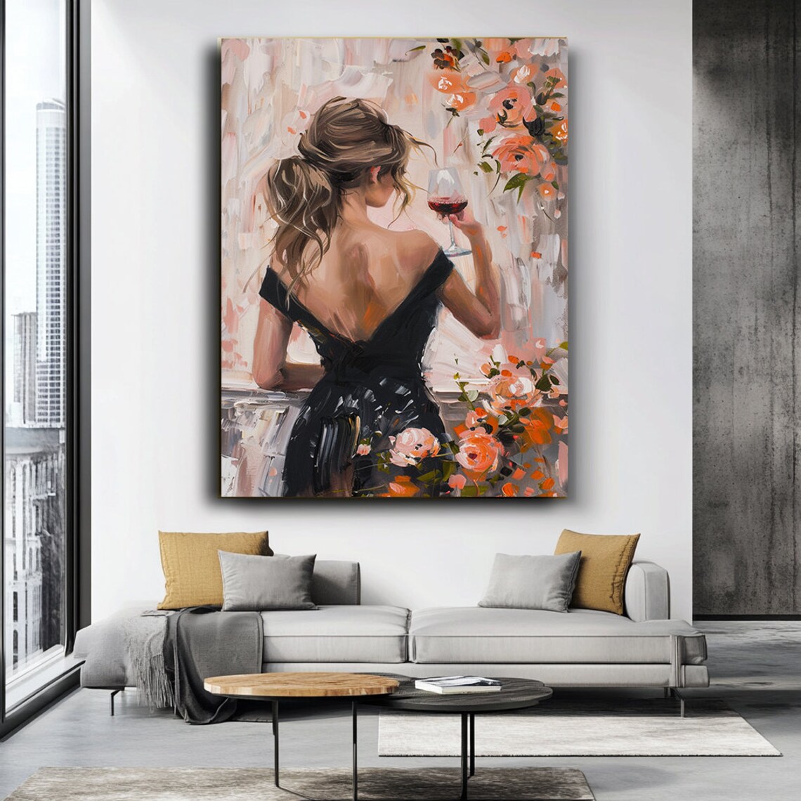 Elegant Woman Black Dress Holding Wine Glass Floral Elegance Poster - Image 3