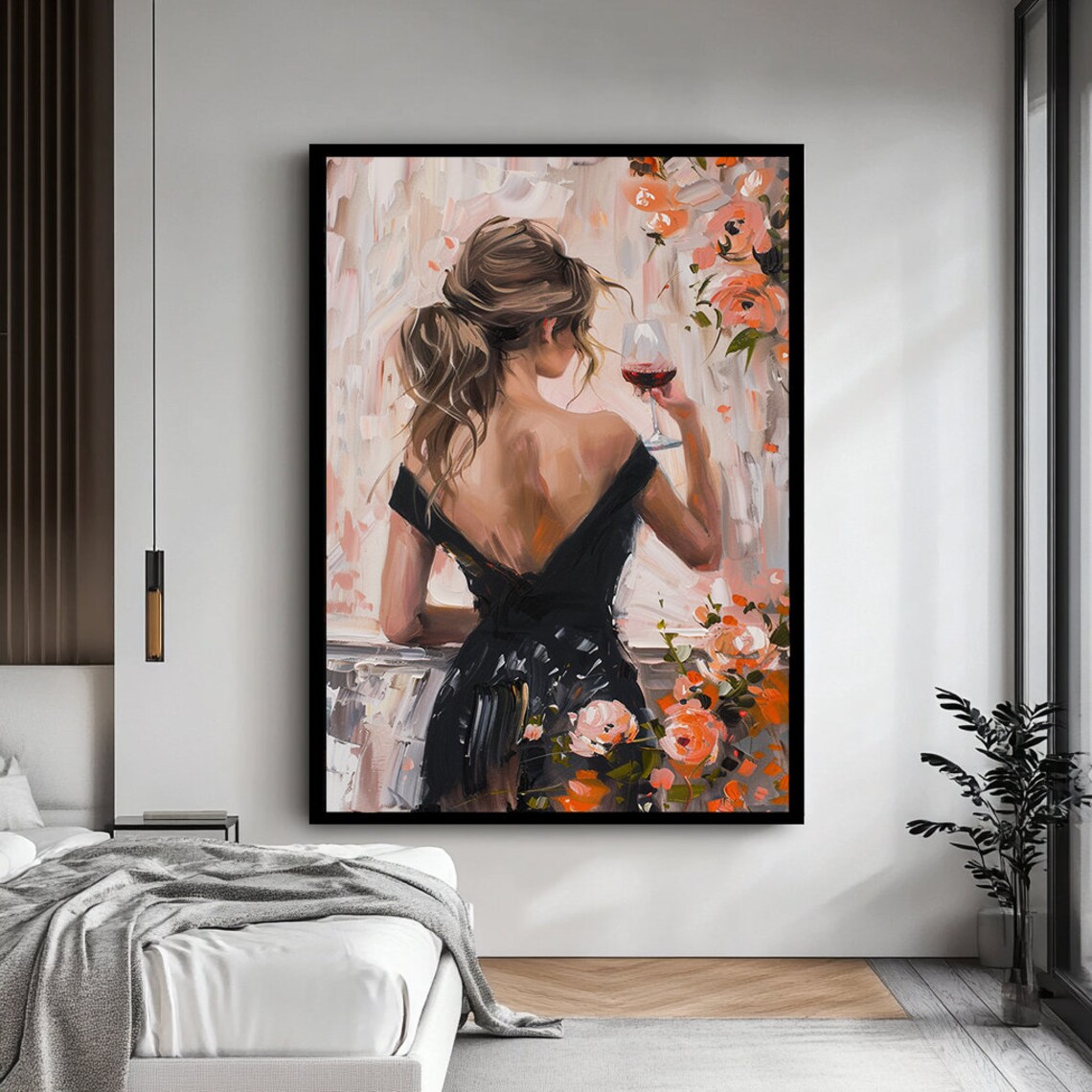 Elegant Woman Black Dress Holding Wine Glass Floral Elegance Poster - Image 4