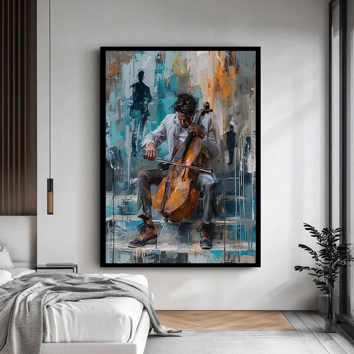 Seated Cellist In Concert Against Turquoise Abstract Backdrop Wall Art - Image 4