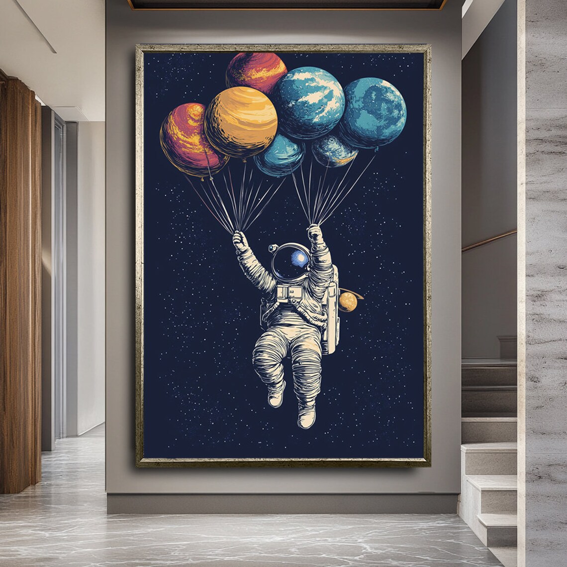 Astronaut Holding Planets, Cosmic Space Exploration Art Print - Image 2