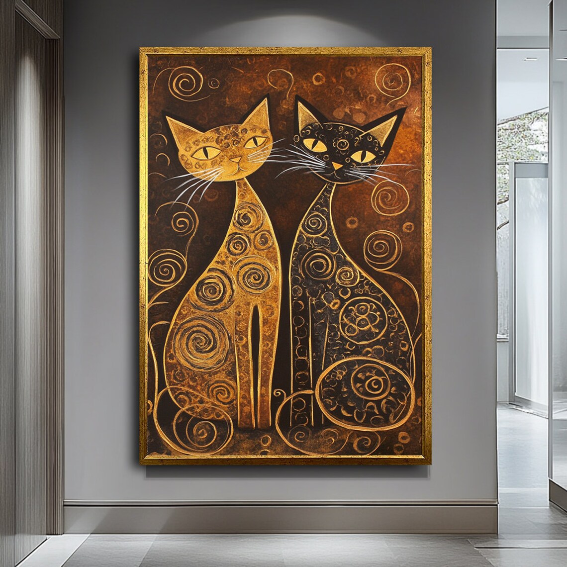 Two Stylized Gold And Black Cats With Spiral Patterns Decorative Poster