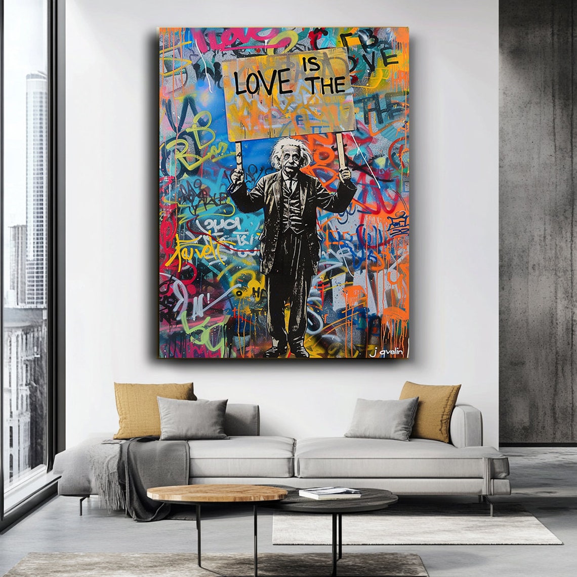 Albert Einstein Holding Love Is The Sign Graffiti Street Art Poster - Image 3