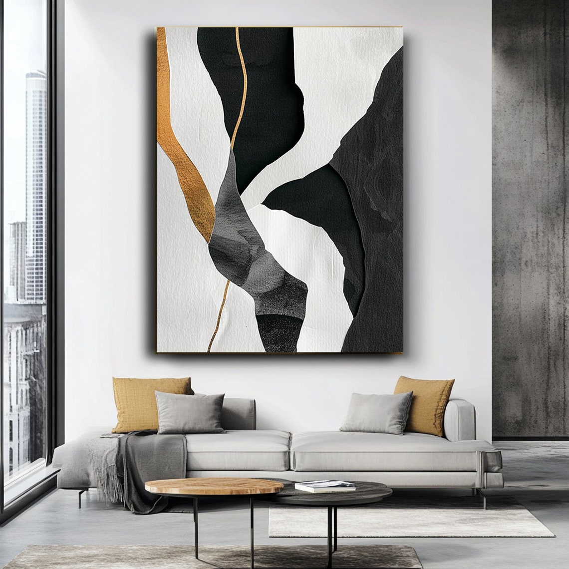 Gold Gray Black And White Abstract Art Modern Geometric Print Elegant Neutral Wall Decor - Image 3