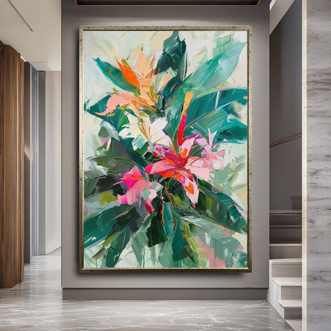 Vibrant Pink Orange Tropical Flowers With Teal Leaves Abstract Poster